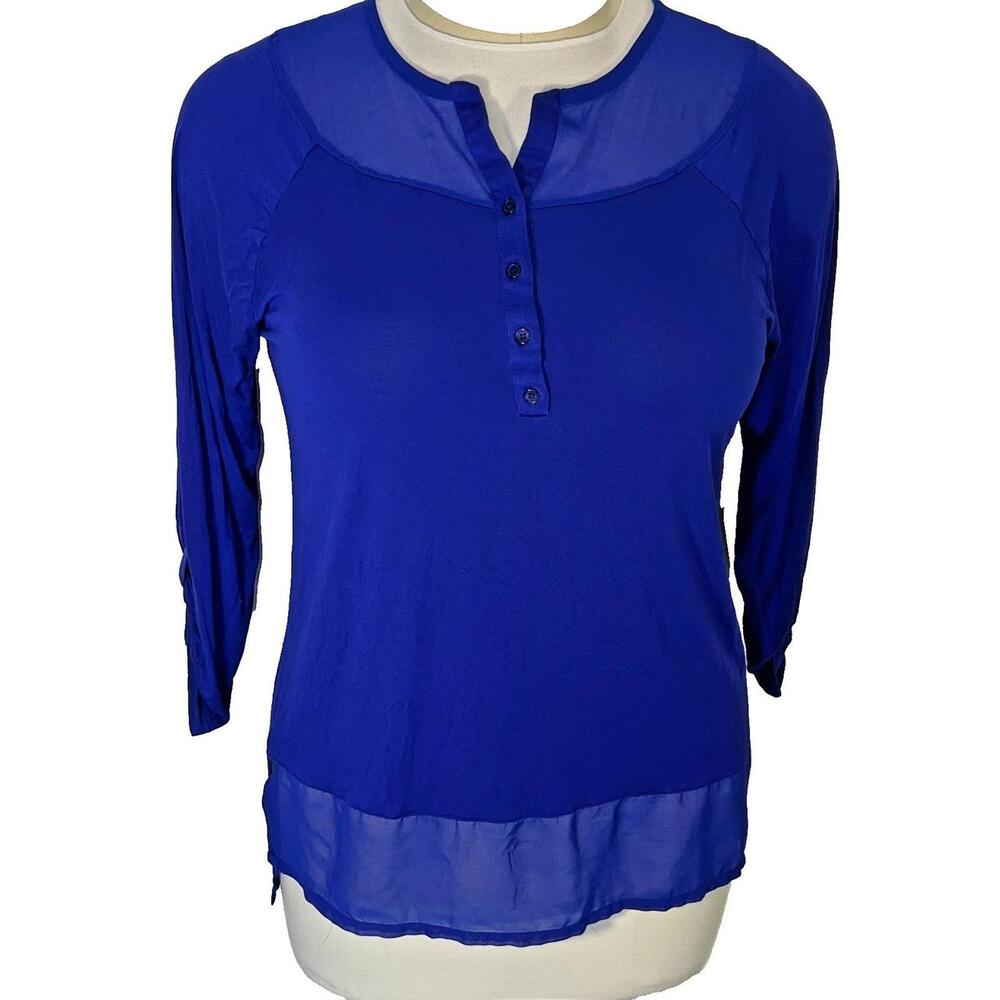 Design History Blouse Womens 1X Royal Blue Solid Chiffon Trim Henley Neck